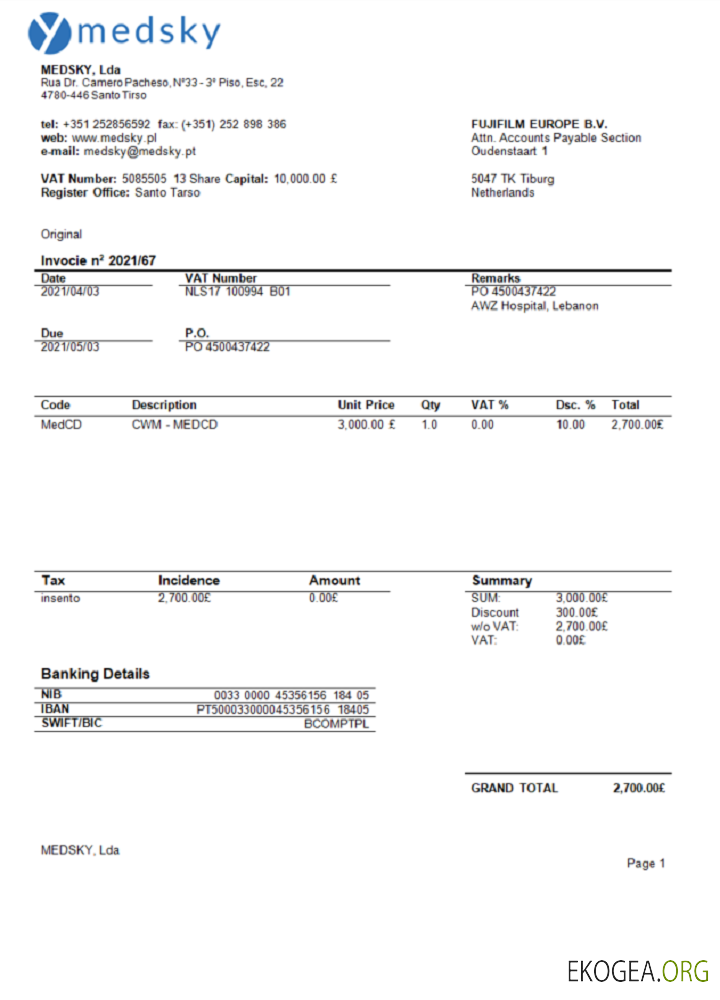 Facture de la société Portugal Medsky Lda